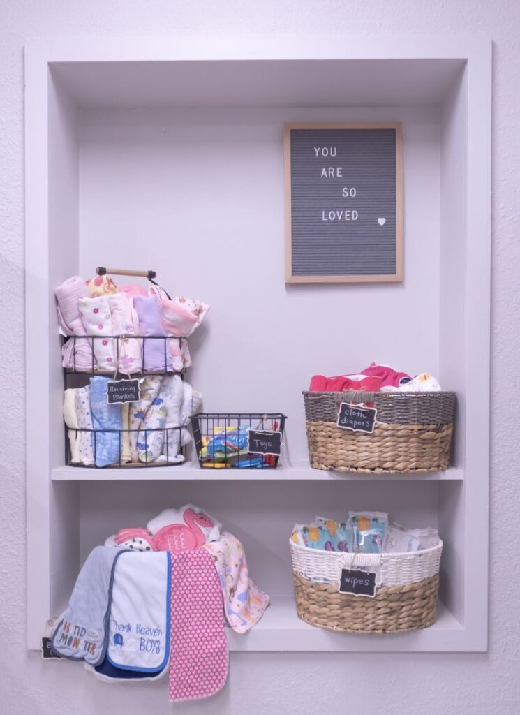 Boutique supplies on inset shelf