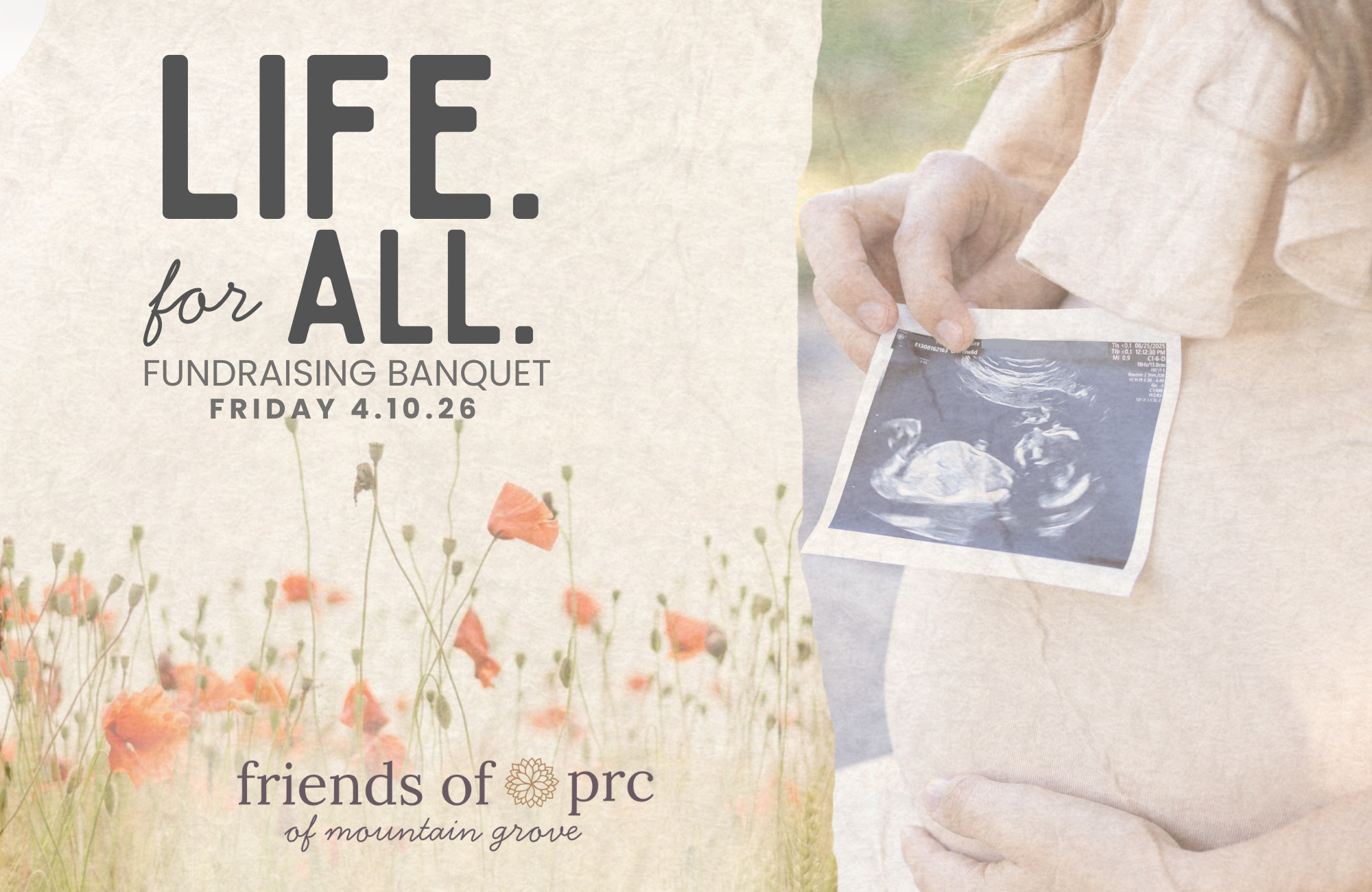 Graphic with woman holding sonogram photo and text "life for all" with banquet date